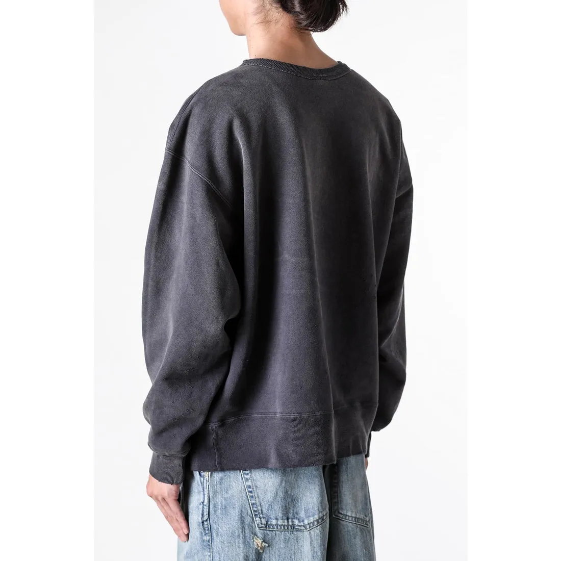 SAINT M×××××× BONE SAINT CREW SWT/BLK Bone SAINT destruction sweatshirt, washed black S-XL Assute dyeing, genuine whole garment sprayed with horse-hair fading process, collar/cuffs frayed in many places, front and rear panels/sleeves super complex fraying, heavy washing and water distressing, correct fruit mark/angel mark